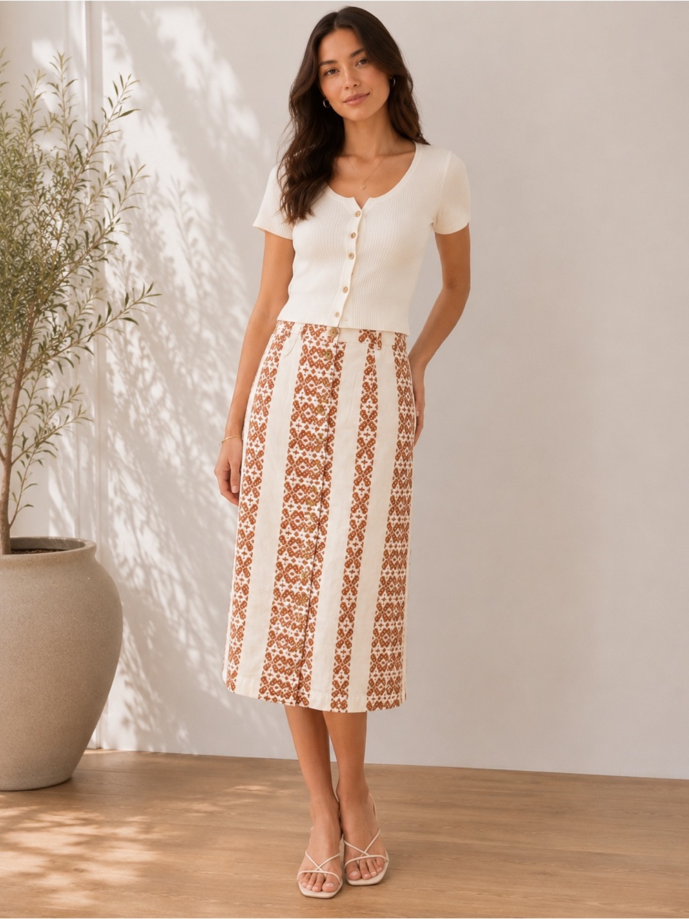 Lou & Grey Cream Midi Skirt with Rust Stripe Motif